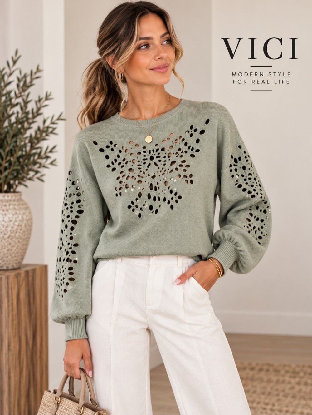 VICI Sage Green Eyelet Cutout Balloon Sleeve Knit Sweater Medium Pullover